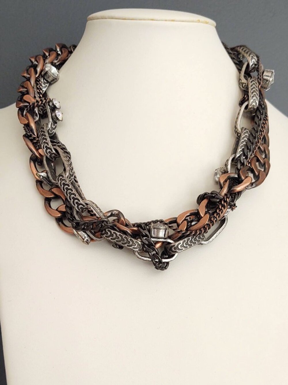 Fenton Fallon x J Crew copper, silver, gray chain & link necklace w/crystals